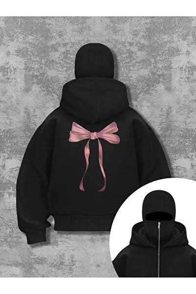 Le Savu سلسلة ريبون مطبوع سويت شيرت أسود للجنسين مزود بقناع كار و بغطاء رأس س...