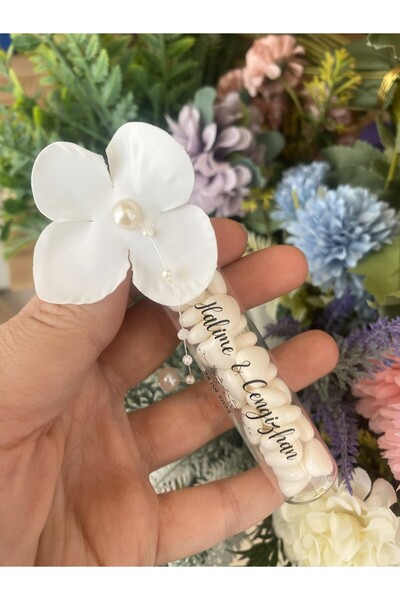 DECORA HOBİ Ortanca Süslemeli Kalp Şeker Drajeli Cam Tüp Söz, Nişan, Nikah He...