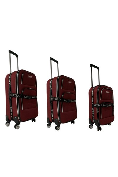KARİZMA POLO With Safety Straps - Waterproof Fabric - 4 Wheels - with Bellows - Very Lightweight - 3 Piece Suitcase Set