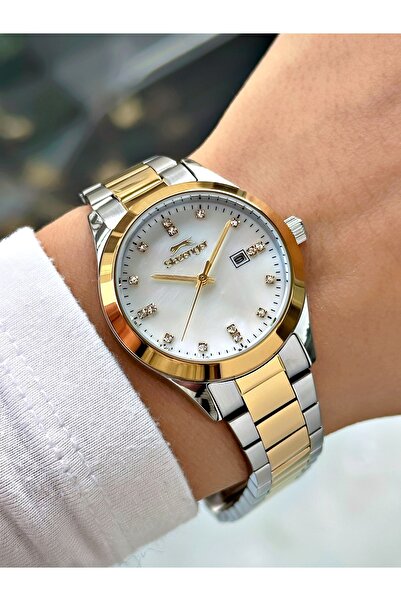 Slazenger Women's Wristwatch with Calendar Steel Band Steel Case Silver-Gold ...