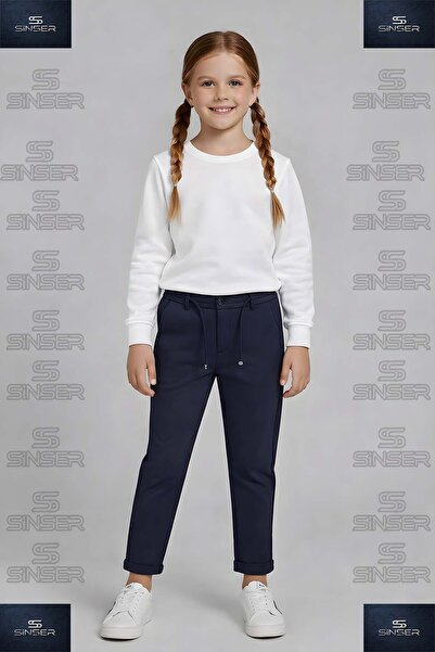SS SİNSER Pantaloni pentru fete cu talie elastică din lycra și tiv pliat