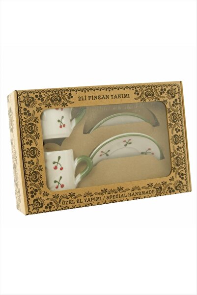 TakÇalıştır Cherry patterned ceramic double cup set