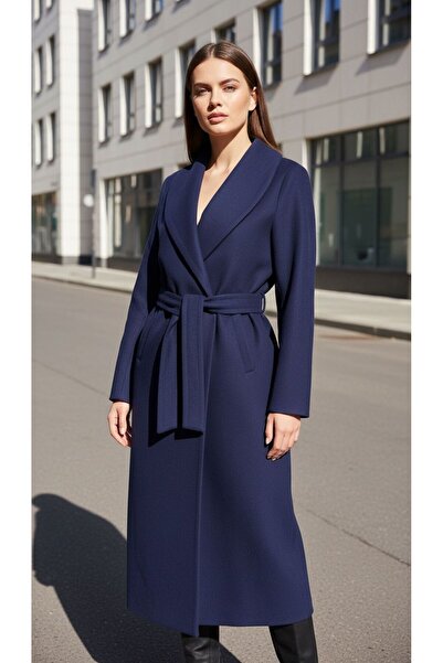 Moda Banuş Women's Belted Pocketed Slit Lined Anti-Pilling Cashmere Coat Navy...