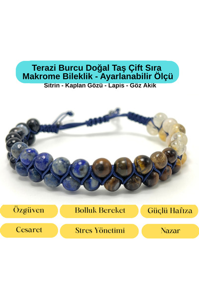 YILDIZ DOĞAL TAŞ Certified Libra Zodiac Sign Natural Stone Double Row Macrame...