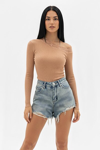 SWALORA Lace Cross Neck Slim Fit Blouse