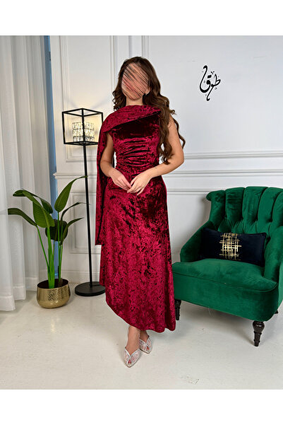 toog Red velvet evening gown with a cape design and a regal touch