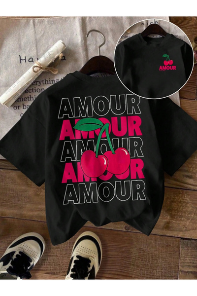 one button Unisex Amour Kiraz Detail cu imprimeu basic guler rotund Regular t...
