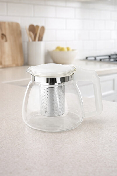 Parmeva Beyaz Süzgeçli Cam Demlik 900 ml Çaycı Demliği Beyaz