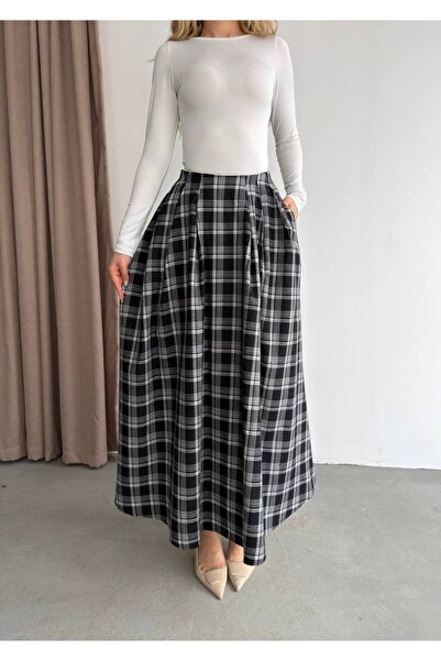 manana fashion Fustă midi cu model în carouri și detaliu buzunar lung