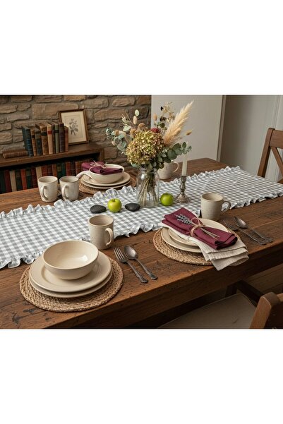 vintagetasarım runner kareli gri fırfırlı vintage duck keten 40x130cm