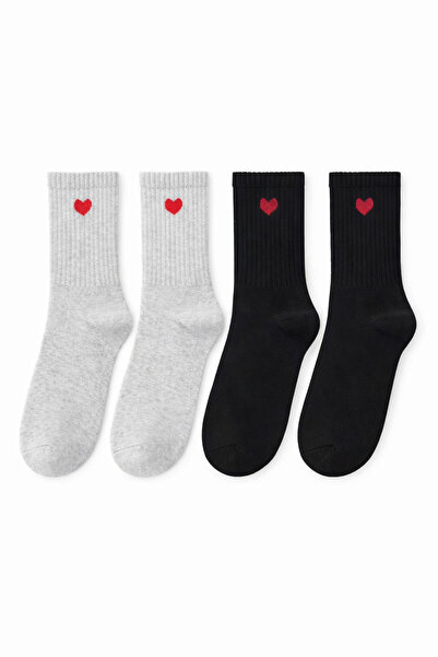 SOLDE SOCKS Set of 2 Girls' Cotton Socks – Heart Pattern, Gray and Black Comb...
