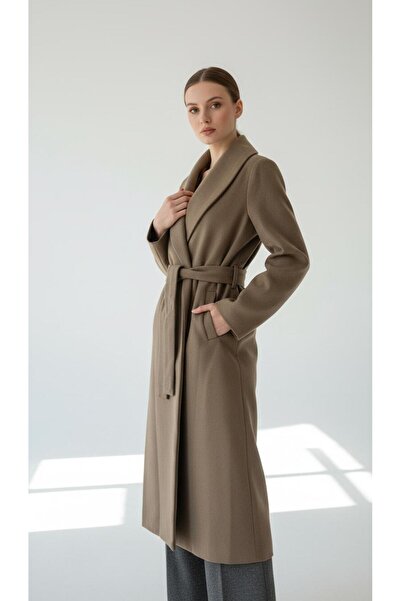 Moda Banuş Women's Belted Pocketed Slit Lined Anti-Pilling Cashmere Coat Came...