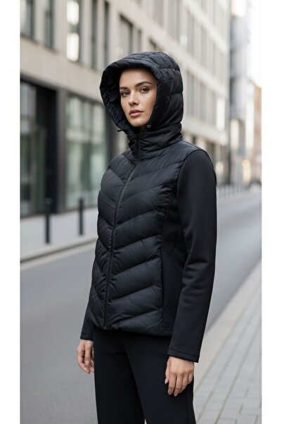 Moda Banuş Black Range Rover Mom Hooded Sports Inflatable Coat Scuba Arm Wais...