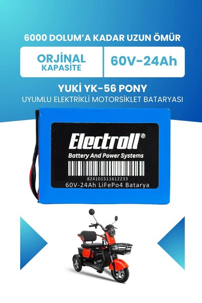 ELECTROLL Yuki Yk-56 Pony Uyumlu Batarya LiFePO4 60V 24Ah Elektrikli Motorsik...