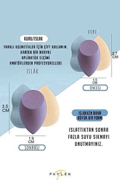 PAYLEN Profesyonel 4'lü Makyaj Süngeri ( Armut, Kesik Uçlu , Yumurta )