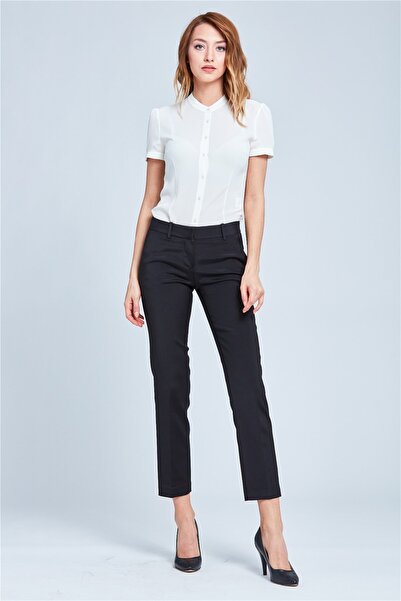 Bilge pantolon klasik dar paça bilekte pantolon parlak siyah