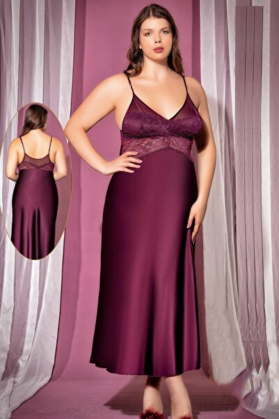 euro click Lace Detailed Long Satin Nightgown – Plus Size