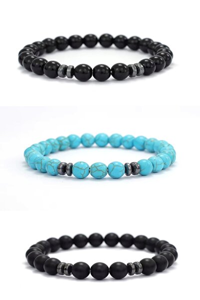Kusakli 3-Piece Turquoise-Onyx Natural Stone Men's Bracelet Set