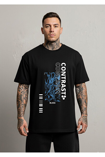 LORVEX Contrast Font Printed Oversized Cotton Black Men's Tshirt - T-Shirt
