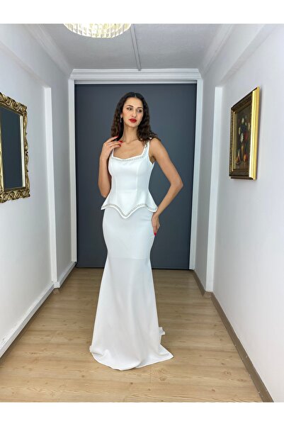 gökkuşagı moda Beyaz Kare Yaka Bel Yaka Taş Detaylı Balık Uzun Abiye Elbise