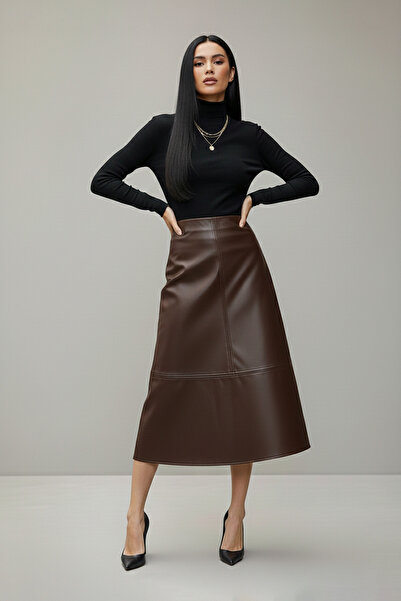 SWARIUS Kadın Midi Boy Yüksek Bel A Kesim Deri Etek Acı Kahve