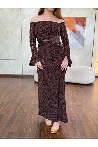 VİVİ Elegant off-the-shoulder brown lace evening dress