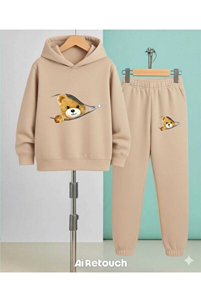 Nice Clothes Children's Tracksuit Set Hooded Unisex Zipper Open Bear Print