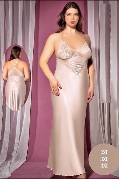 euro click Cămașă de noapte lungă din satin cu detalii din dantelă – Mărime mare