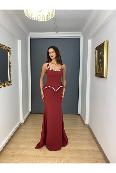 gökkuşagı moda Bordo Kare Yaka Bel Yaka Taş Detaylı Balık Uzun Abiye Elbise