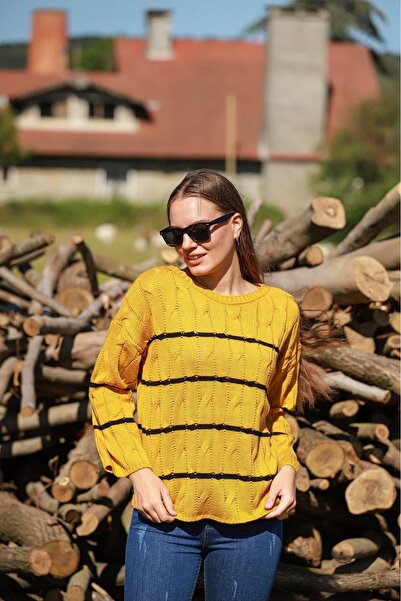 bacc Mustard Wide Neckline Hair Braid Motif Striped Winter Knitwear Sweater B...