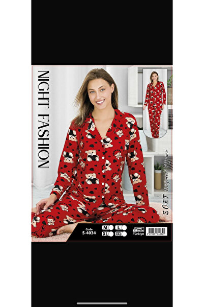 MissFerisa Set de pijamale de damă din piele întoarsă cu model ursuleț, mărim...