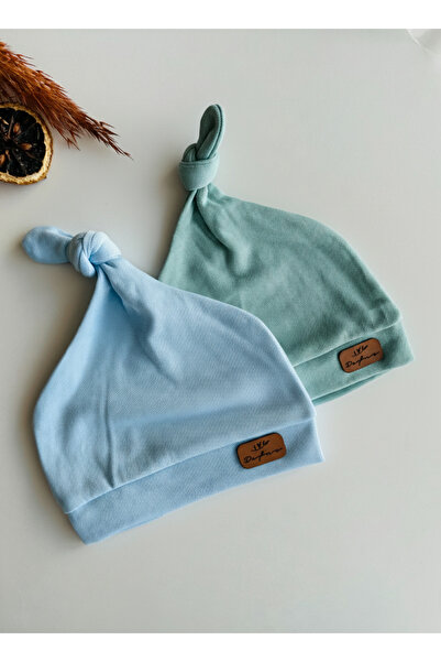 minço bebe Blue Green Knotted Combed Cotton Baby Beanie Hat 2 Pack