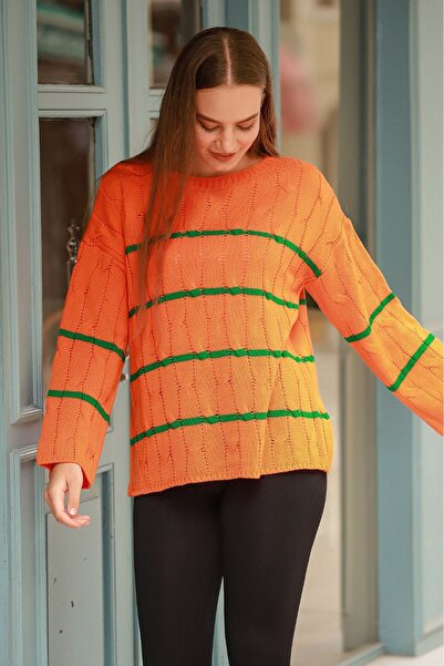 bacc Orange Wide Collar Hair Braid Motif Striped Winter Knitwear Sweater Bces...