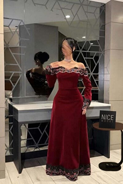 TREN فستان بورغندي مكشوف الكتفين - فستان سهرة طويل الأكمام مطرز بالزهور لحفلا...