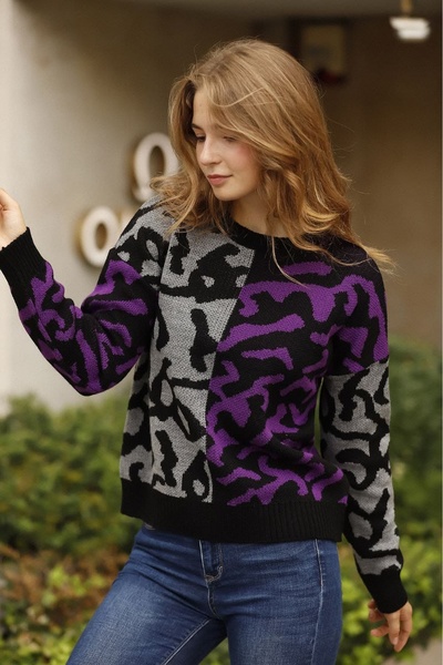 bacc Purple Color Block Patterned Winter Knitwear Sweater Bces-253014