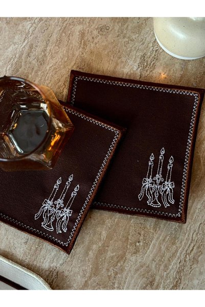 LİONYA DESİGN 6 Pieces of Candlestick Embroidered Coffee and Cocktail Presentation Napkins - 14X14 (2 Cream, 2 Brown, 2 Burgundy)