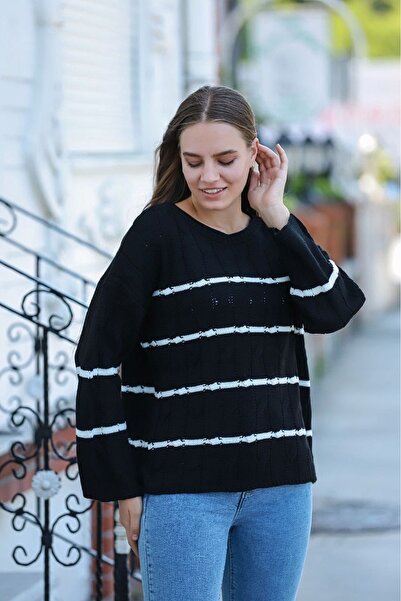 bacc Black Wide Collar Hair Knit Motif Striped Winter Knitwear Sweater Bces-2...