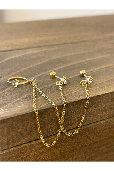 Rupen Kraft 316 L Cerrahi Çelik Altın Rengi 3lü Zincir Sallatılı Halka Pierci...