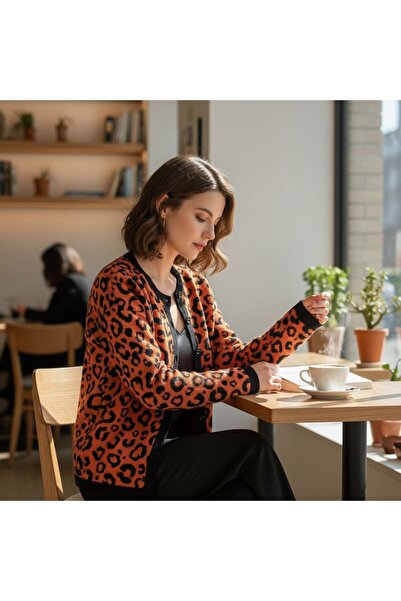 GÖMLEK GALERİSİ سترة نسائية منسوجة بنقشة وياقة دائرية مقاس قياسي (38-50)