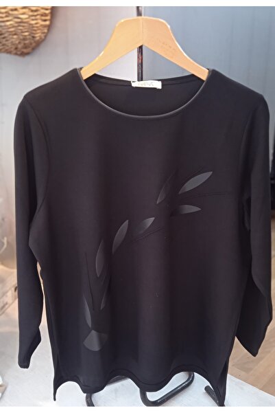 Whip Design Büyük Beden Deri Yaprak Aplikeli Siyah Renk Bluz