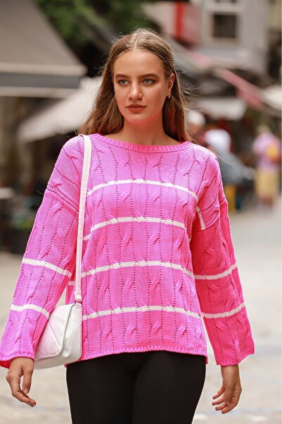 bacc Pink Wide Collar Hair Braid Motif Striped Winter Knitwear Sweater Bces-2...