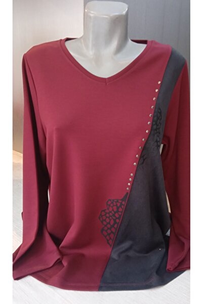 Whip Design Büyük Beden Yan Parça Süet Görünümlü Kumaştan Bordo Renk Bluz
