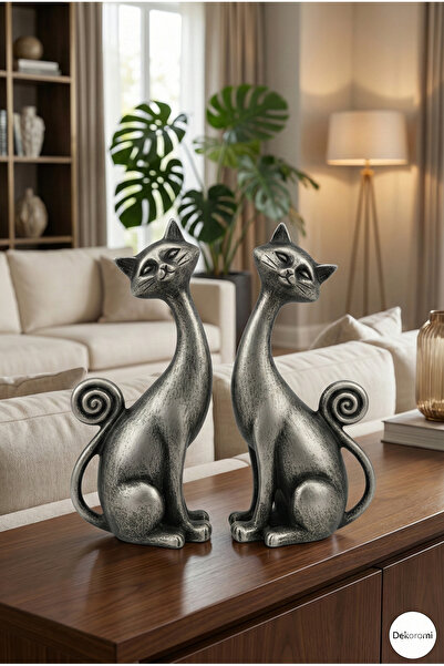 Tual Hobi Sanat 2'li Kedi Biblo Seti (21x10cm) Ev ve Ofis Dekorasyon Sevimli ...