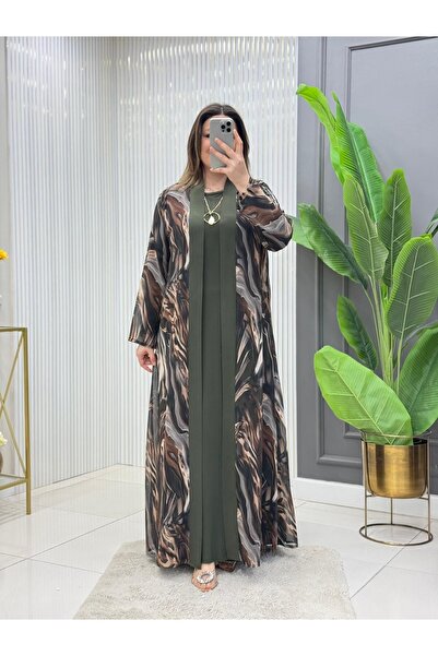 Modam Bella Büyük Beden Mermer Desenli Elbise Takım Kolyeli