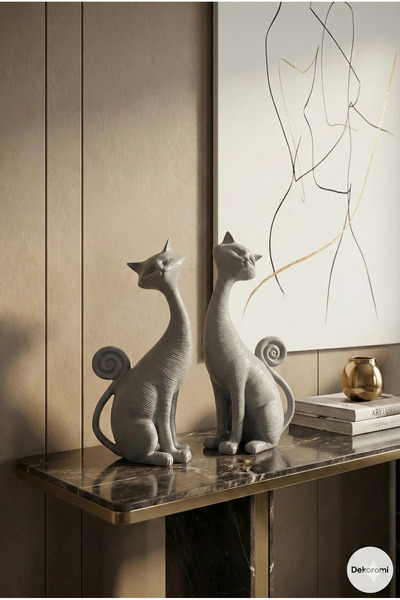 Tual Hobi Sanat 2'li Kedi Biblo Seti (21x10cm) Ev ve Ofis Dekorasyon Sevimli ...