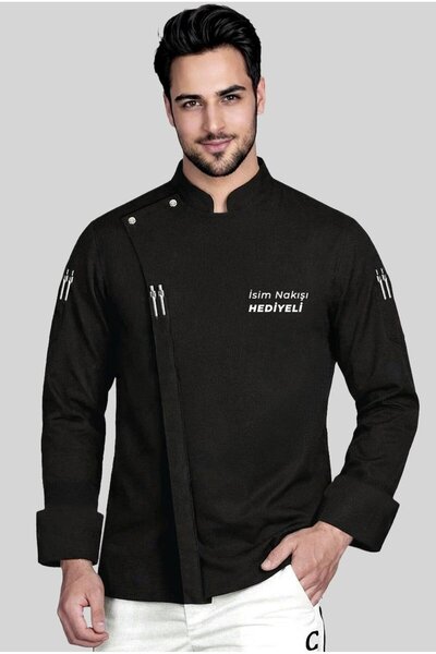 Üniformanya Prestij Chef İsim Hediyeli Profesyonel Aşçı Ceketi Siyah