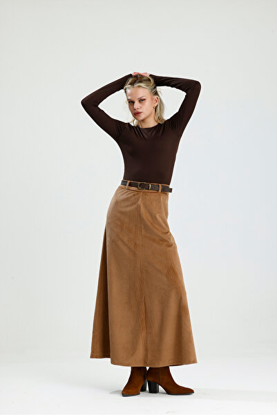 Rose Quenn Kadife Kumaşından Uzun Kışlık Çan Etek