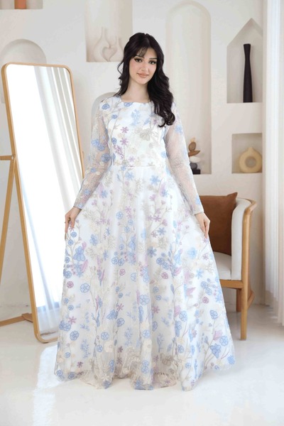 TREN Floral Organza Maxi Dress with Embroidery | Long Sleeve Evening Gown for...