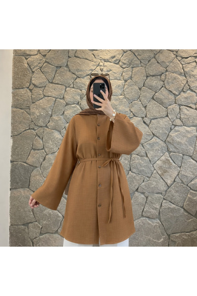 Mina Terzi&Butik Düğmeli kuşaklı tunik tarçın