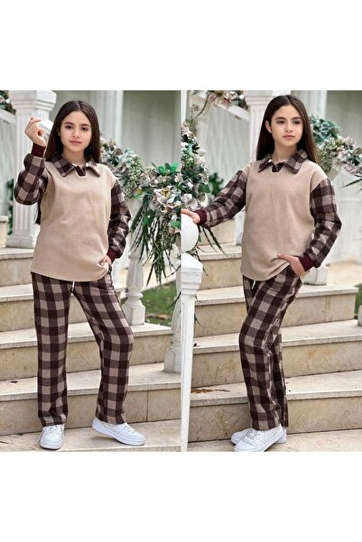 zavera for kids Girl's Shirt Collar Plaid Sweatshirt and Trousers Two-Piece C...